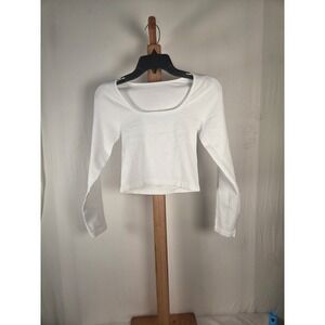 OQQ Womens White Ribbed Long Sleeve Square Neck Crop Top Size Small
